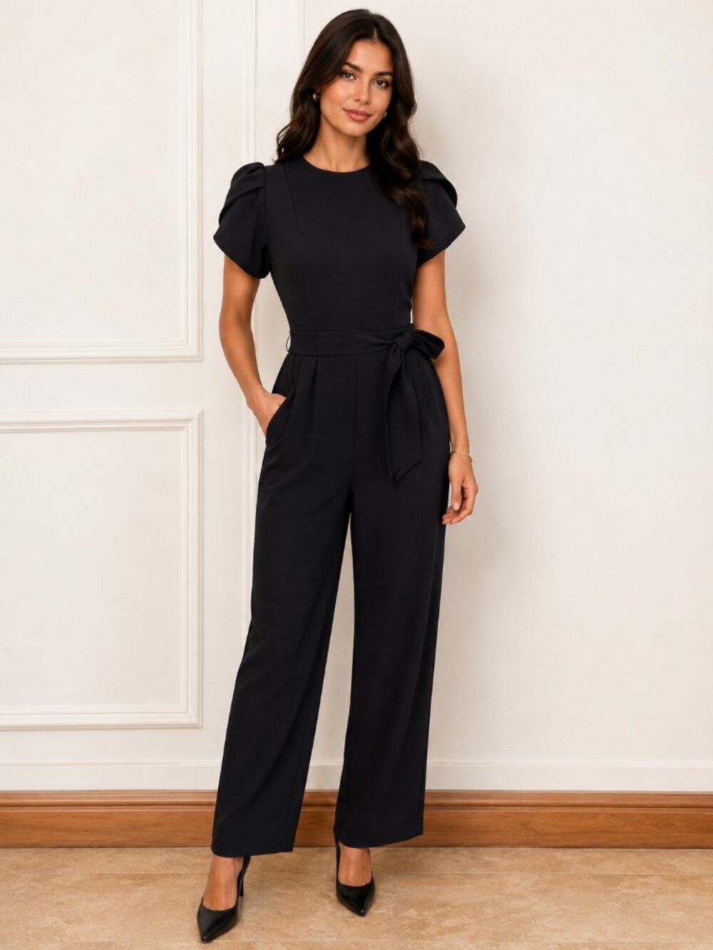 Elegant Black Puff Sleeve Jumpsuit - SIZE 8P